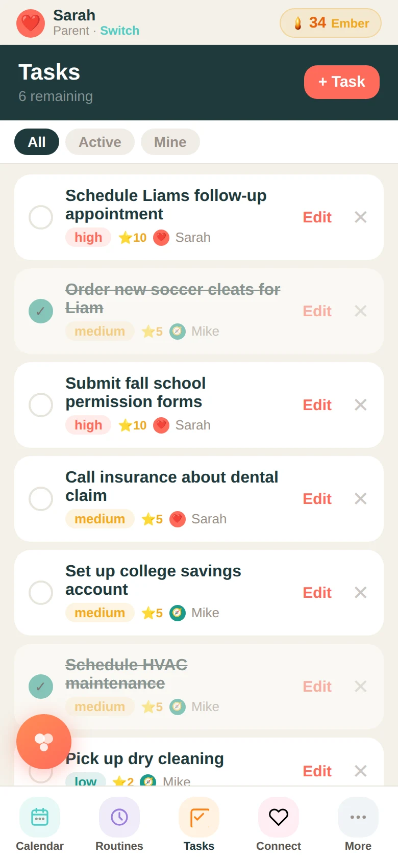 Family Basecamp tasks tab
